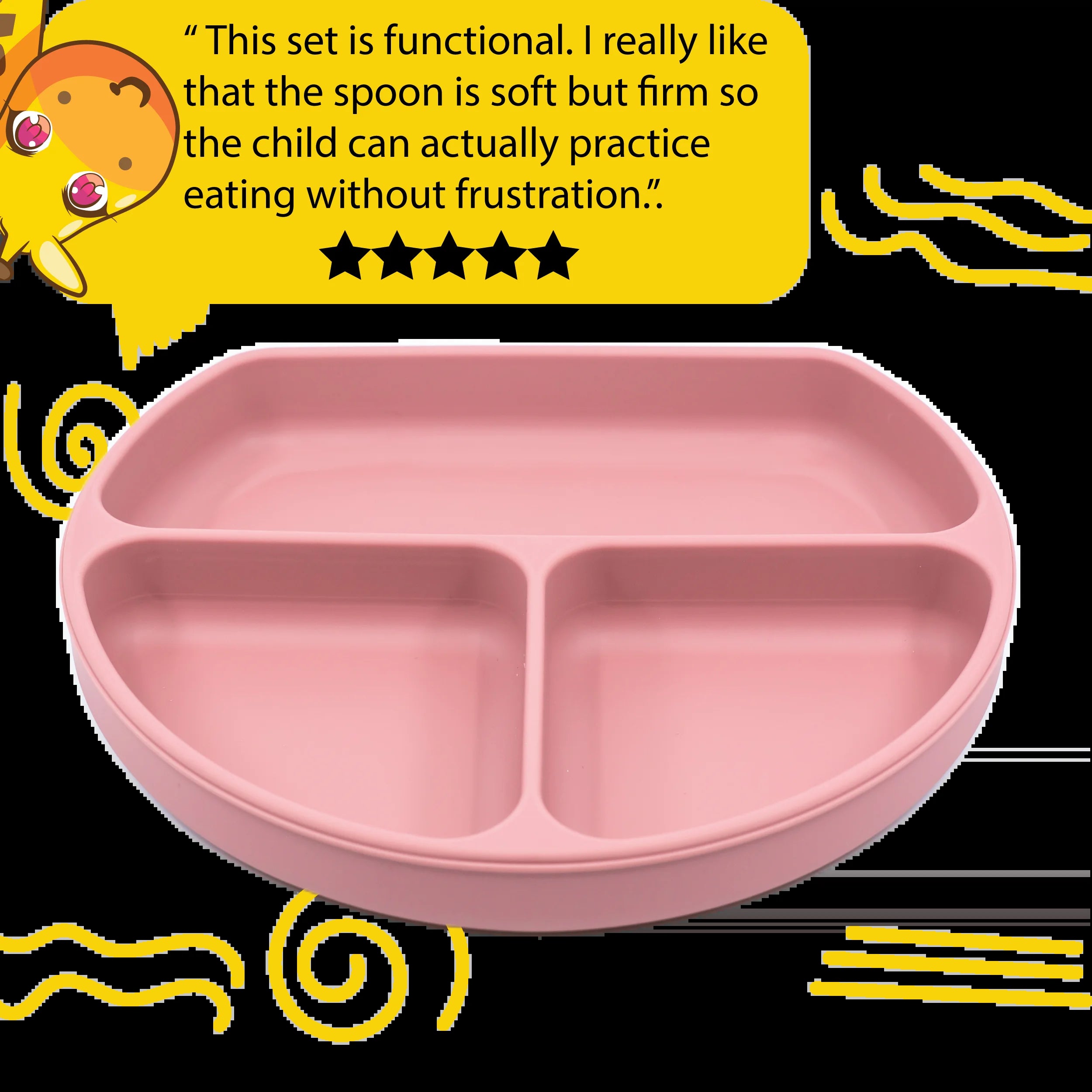 Turkish Pink Silicone Baby and Toddler Self-Eating Food Plates Set with Utensils (8 Piece Set)