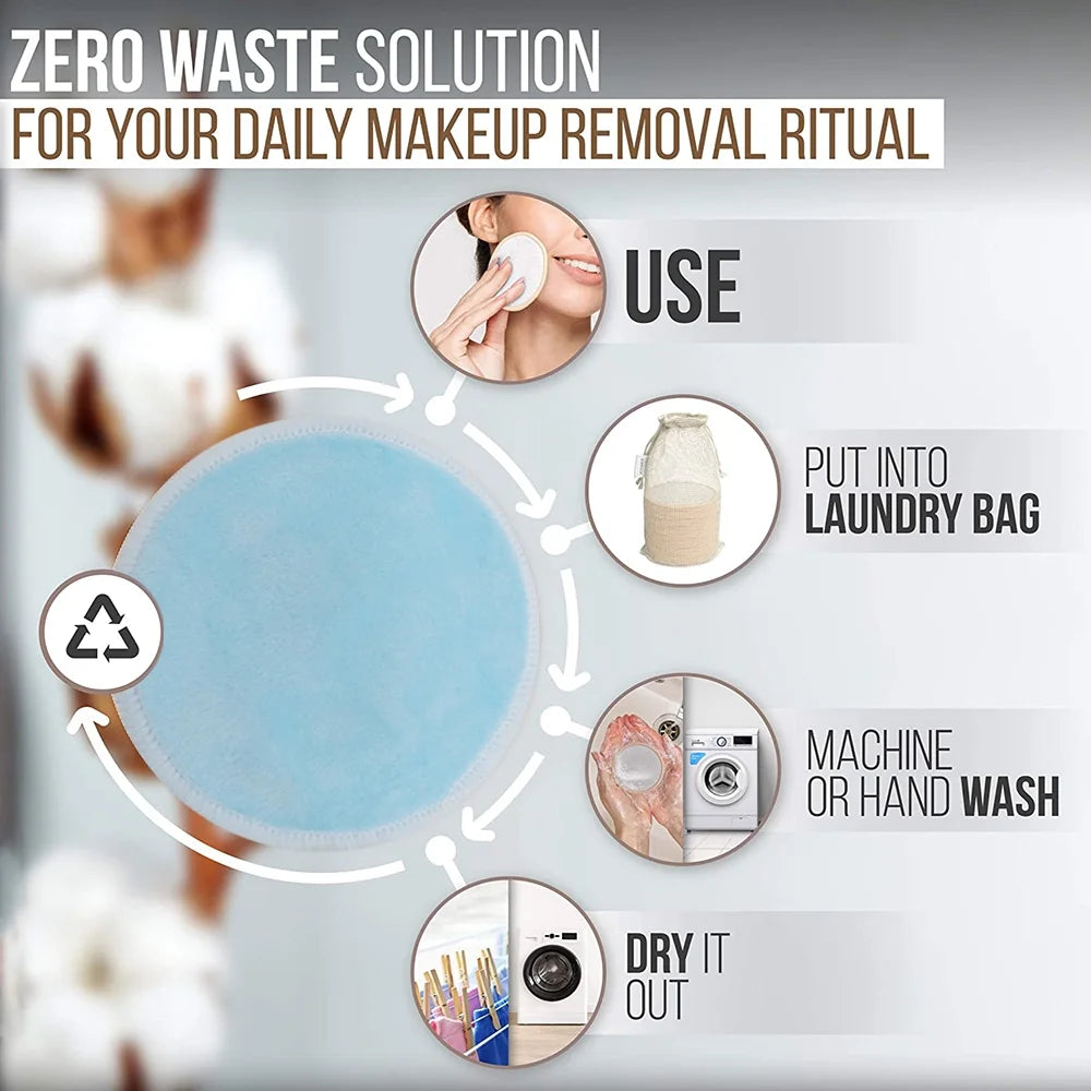 Reusable Makeup Remover Pads - 10 Pieces Soft Organic Cotton Rounds with Washable Drawstring