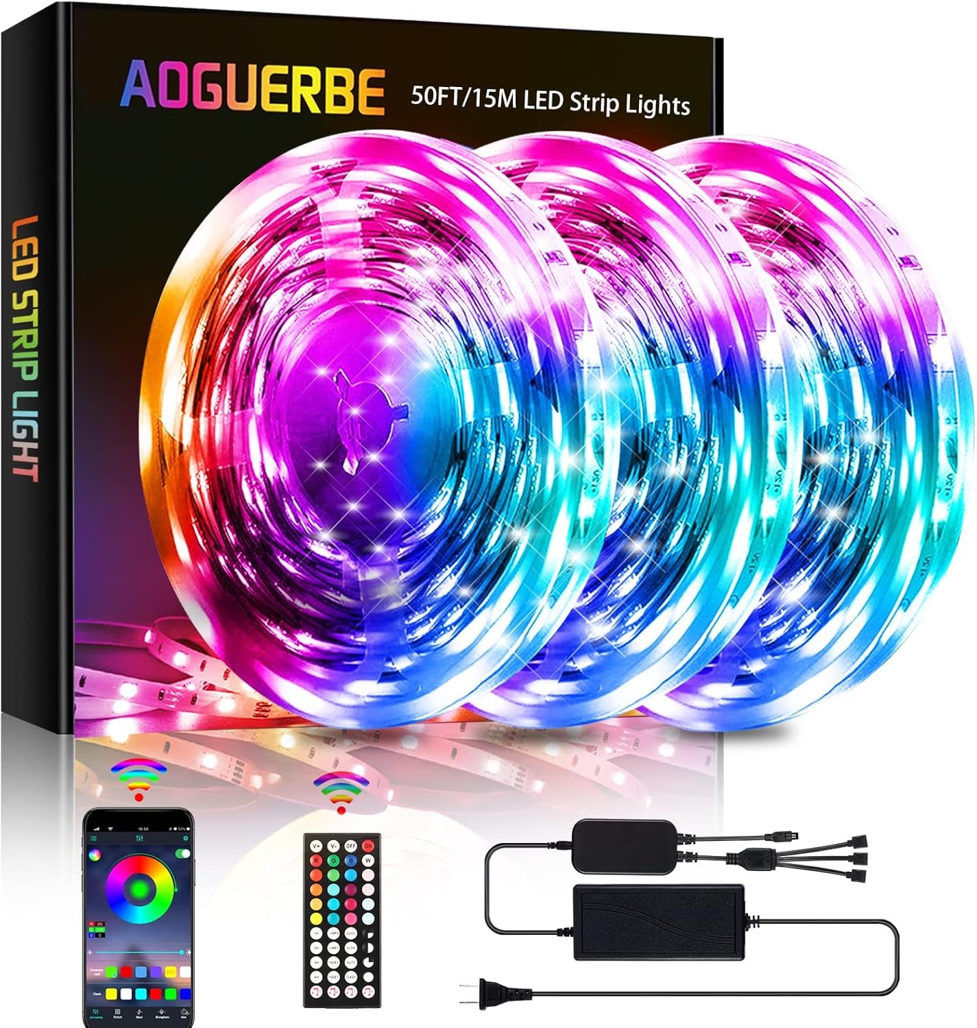 Led Lights for Bedroom 50 Ft, Ultra Long 5050 RGB Led Strip Lights, Smart Music Sync Led Lights Color Changing, Bluetooth App & Remote Control for Room Party Christmas Kitchen