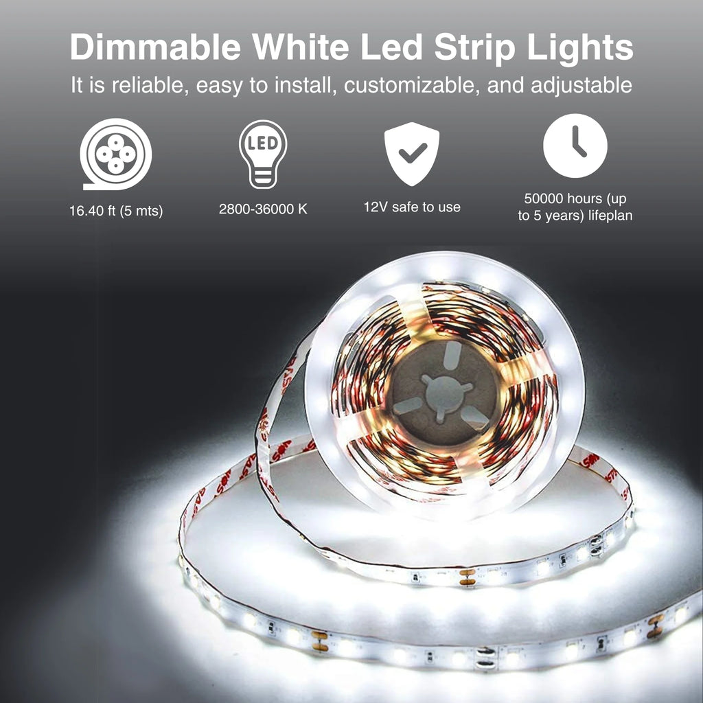 LED Light Strip for Indoor Use, White Plastic, 16.4 Ft