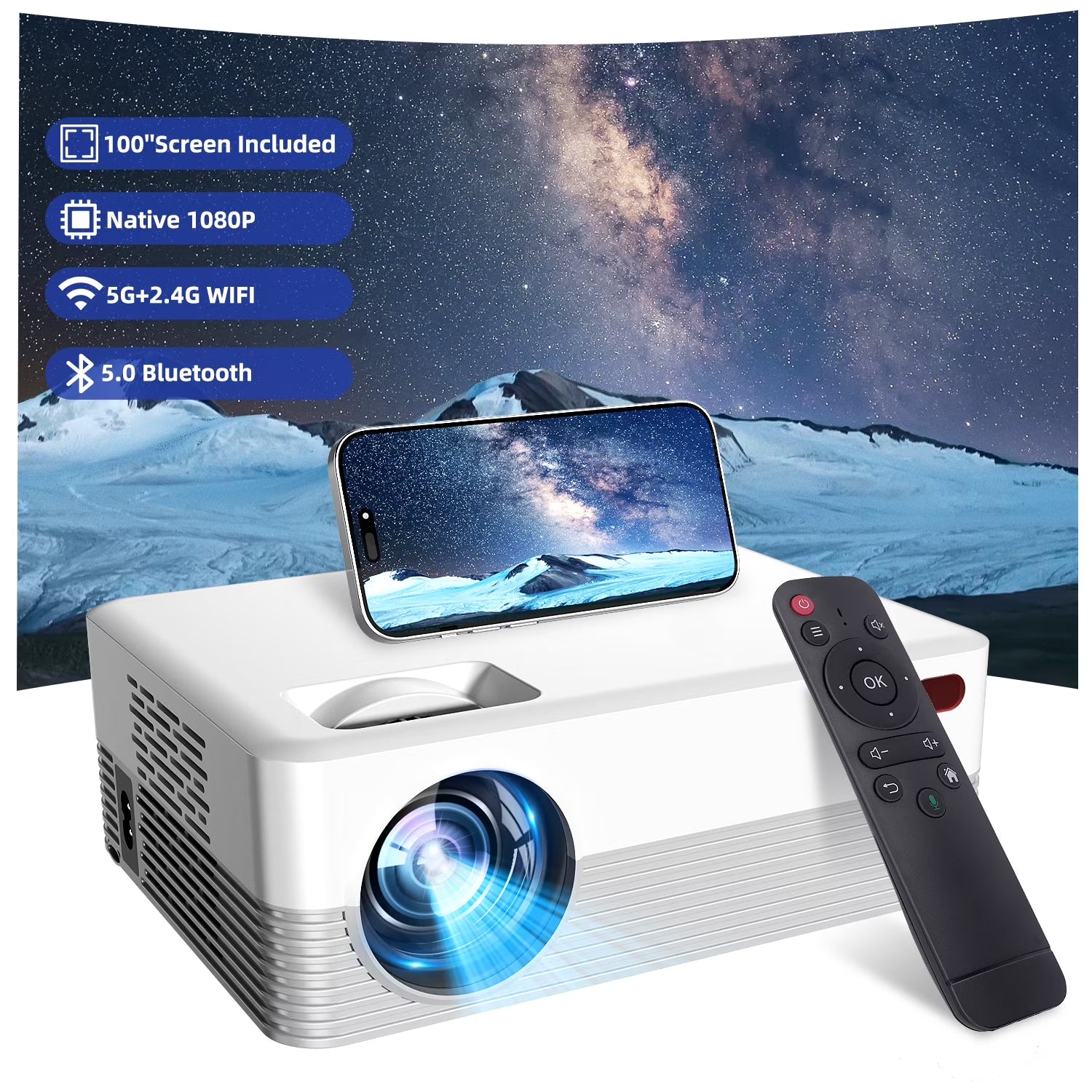 5G Wifi Projector with Bluetooth, 2024 Upgrade Native 1080P Projector for Outdoor & Camping, Wireless Mini Movie Projector Support 4K Resolution, for Home & Camping & Party