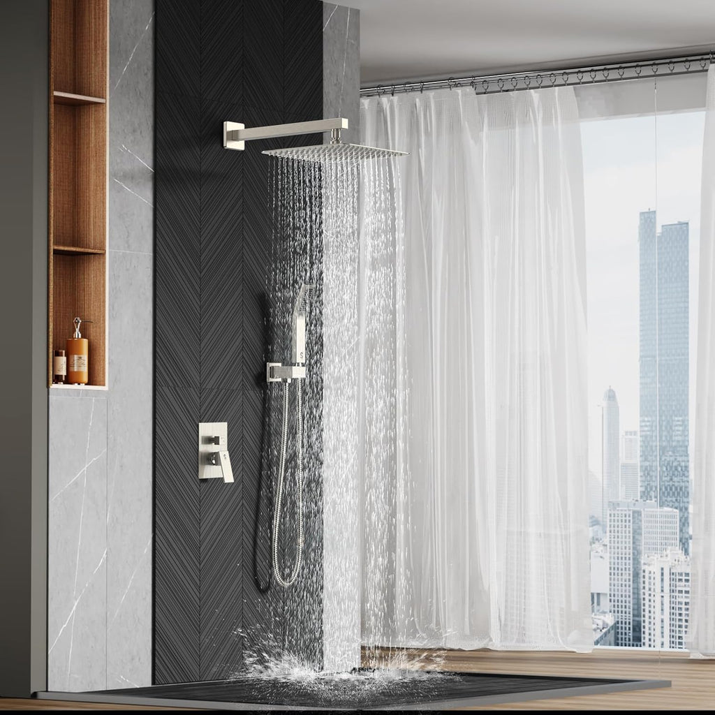 12 Inches Bathroom Luxury Rain Mixer Shower Combo Set Wall Mounted Rainfall Shower Head System Brushed Nickel Finish Shower Faucet Rough-In