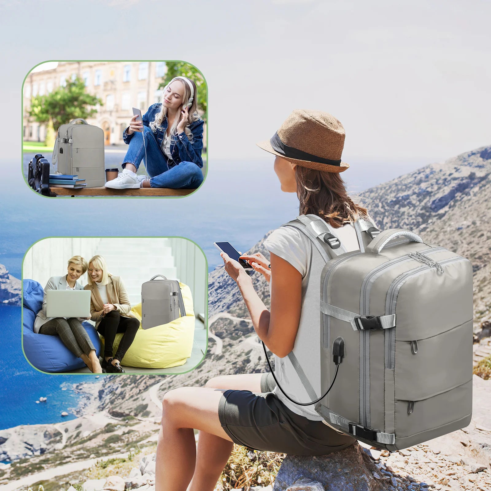 Travel Backpack for Women with USB Charging Port, Tsa-Approved Laptop Backpack, Lightweight Carry on Backpack Fit 15.6” Laptop for Weekend Trips, Business Travel & Hiking, Gray