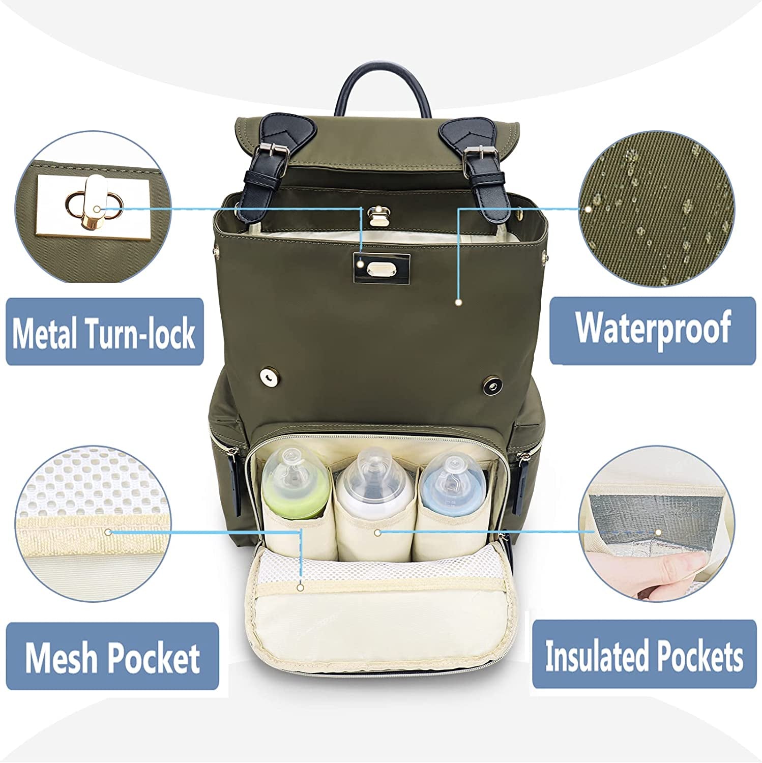 Baby Diaper Bag Backpack with Stroller Hooks,  Multi-Function Stylish Travel Diaper Back Pack for Mom and Dad, Baby Changing Bag, Maternity Nappy Bag for Boys and Girls, Large Capacity, Green