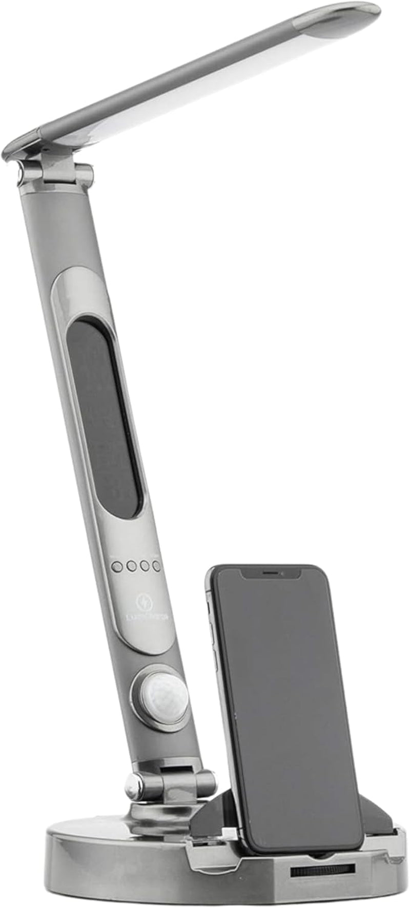 Lamp with Charging Station - Dimmable LED Desk Lamp with Qi 10W Fast Wireless Charger, Motion Sensor, Calendar Display, Alarm Clock, and USB Port, Compatible with Multiple Devices