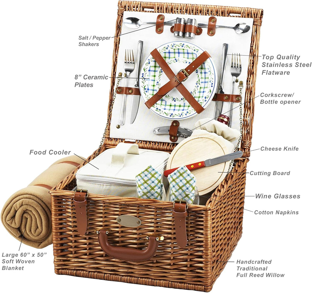 Original Cheshire English-Style Willow Picnic Basket with Service for 2 and Blanket- Designed, Assembled & Quality Approved in the USA