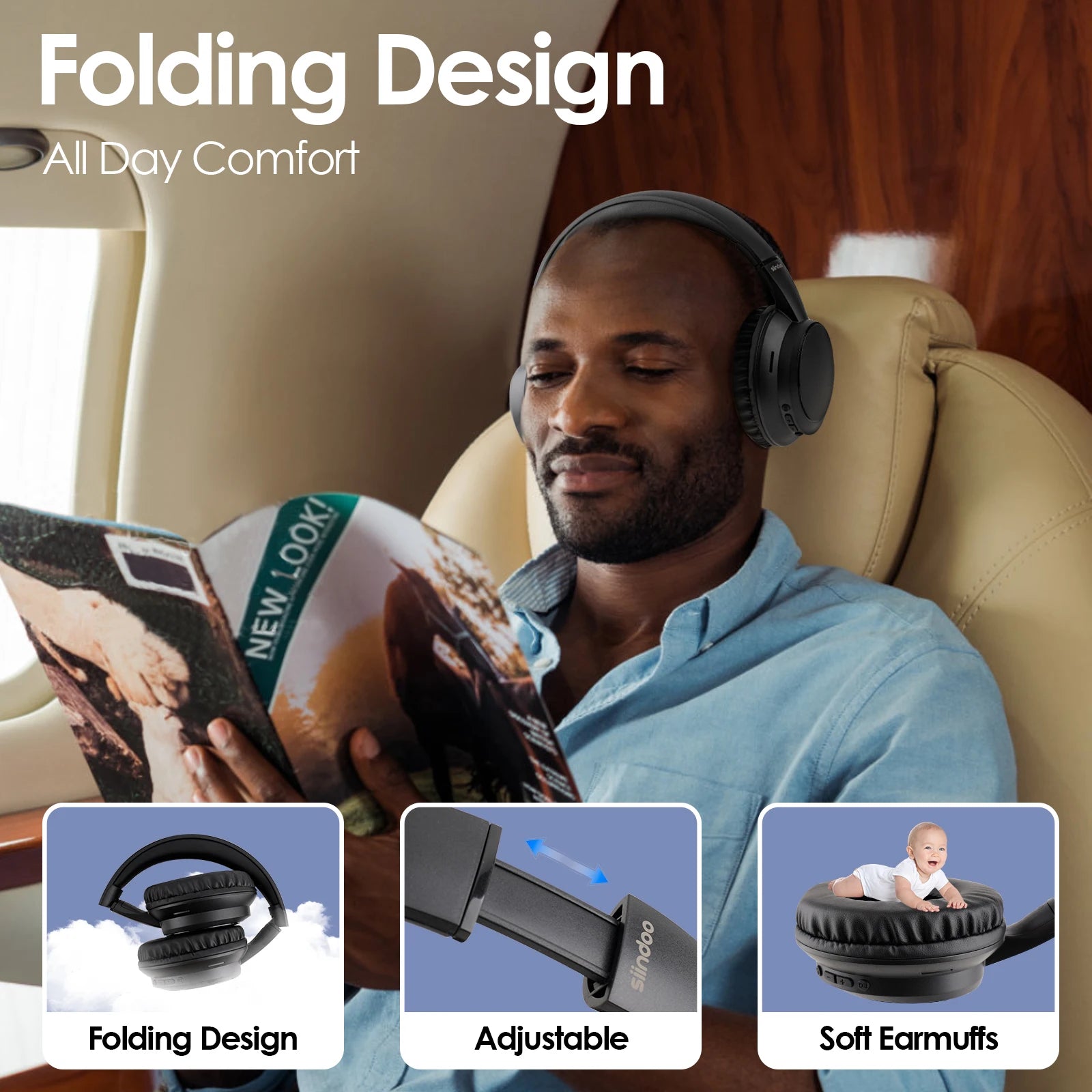 JH-820 Wireless Bluetooth Headphones, 60H Playtime,3 EQ Sound Modes,Foldable Lightweight Bluetooth 5.4 for Travel Study