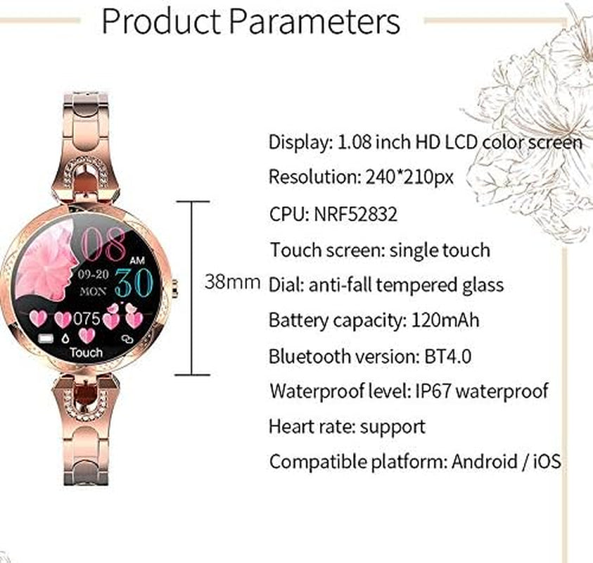 Smart Watch Women, Smart Bracelet New Blood Pressure Heart Rate Monitor for Android Ios Phone Fits for Iphone 12 11 Pro Max Mini XR X XS LG Stylo 6 Samsung Galaxy A51 21 20 S20 S10 S9 (Gold)