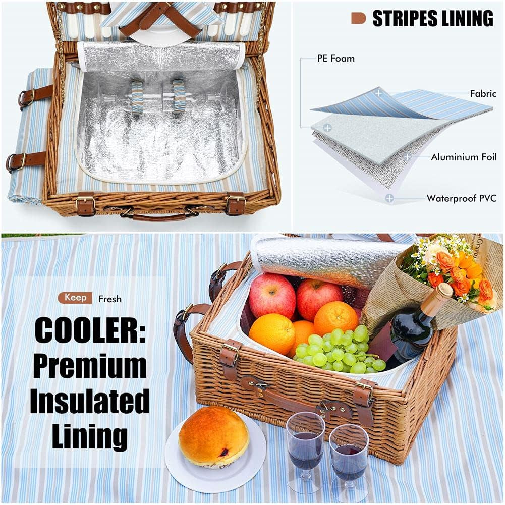 Picnic Basket Set for 2 Persons, Willow Hamper with Large Insulated Cooler Compartment, Waterproof Blanket and Cutlery Service Kit-Classical Brown