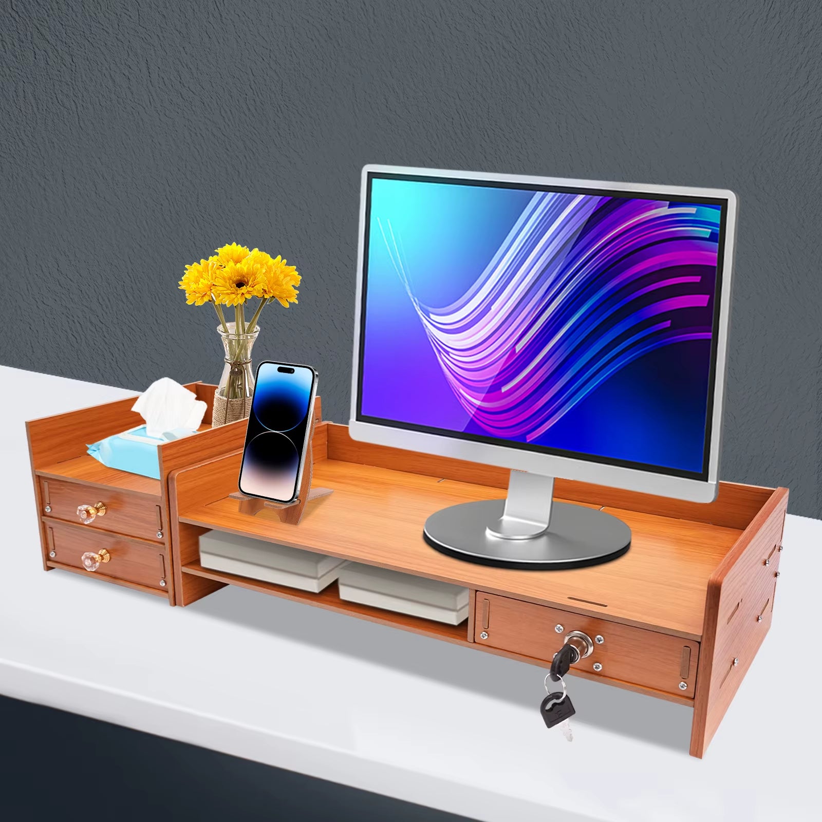 Professional Computer Monitor Stand with Storage Drawers for Home Office Desktop Organization