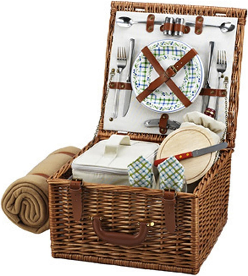 Original Cheshire English-Style Willow Picnic Basket with Service for 2 and Blanket- Designed, Assembled & Quality Approved in the USA
