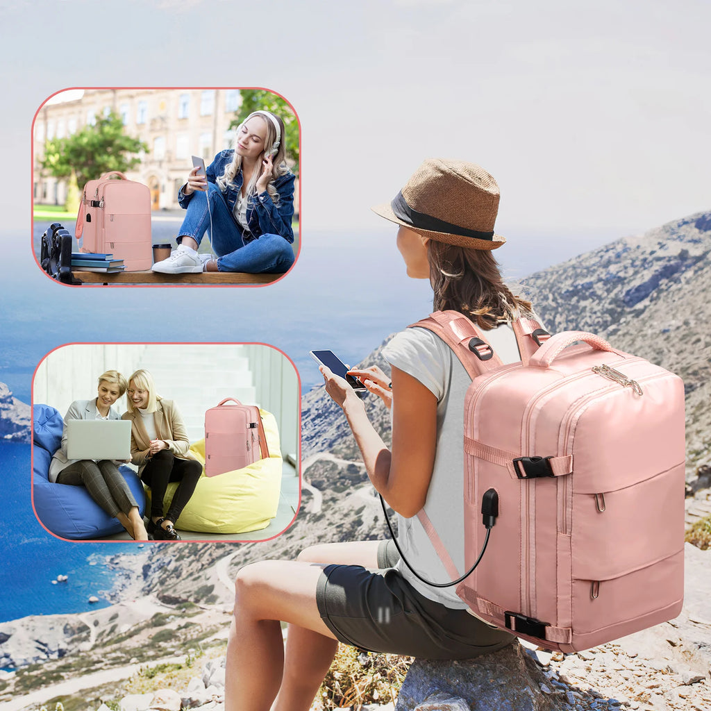 Travel Backpack for Women with USB Charging Port, Tsa-Approved Laptop Backpack, Lightweight Carry on Backpack Fit 15.6” Laptop for Weekend Trips, Business Travel & Hiking, Pink