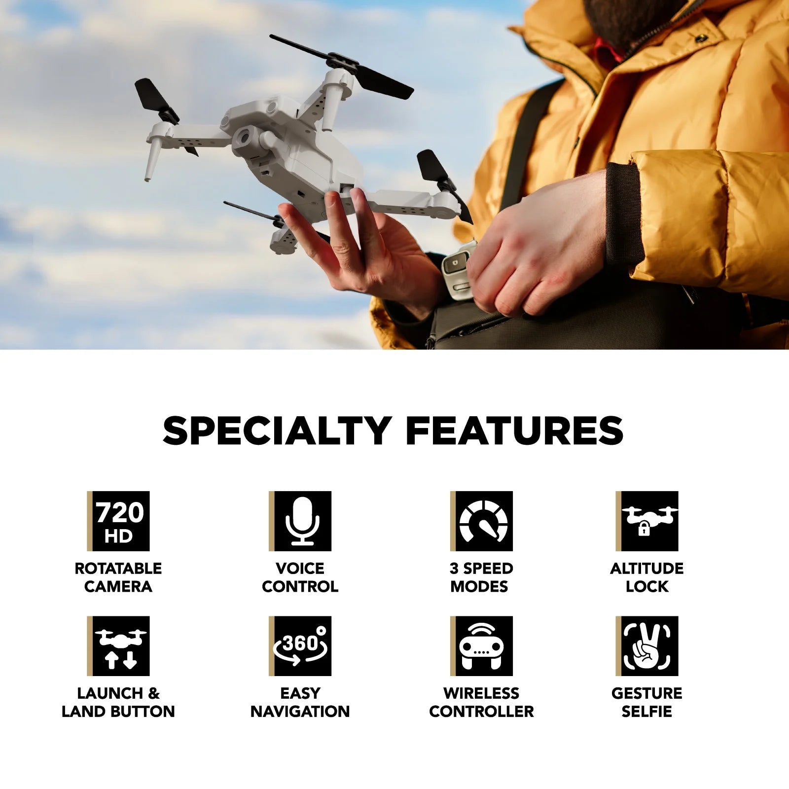 Skyhornet Foldable RC Drone with 720P HD Camera, Wifi FPV Live Video, 3 Speed Modes, Auto Takeoff & Landing, 11 Minutes Flight Time, Remote Control Quadcopter Toy for Kids & Beginners, White