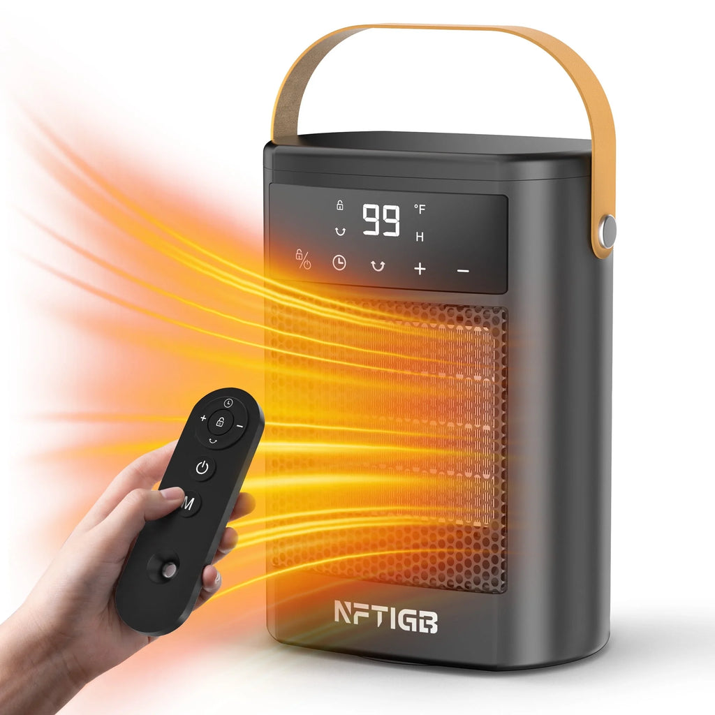 Small Portable Space Heater for Indoor with Remote, 1500W PTC Electric Heaters 70°Rotating, 12 H Timer,3 Modes, New