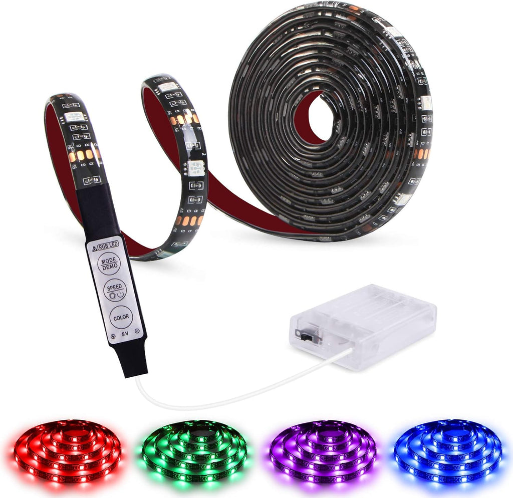 Battery Powered Led Strip Lights RGB with Mini Controller Waterproof Led Rope Lights Battery Operated Led Lights Multi Color Changing Lights 2M 6.56Ft