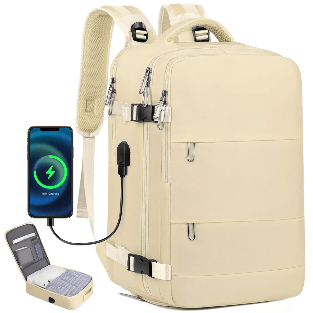 Travel Backpack for Women with USB Charging Port, Tsa-Approved Laptop Backpack, Lightweight Carry on Backpack Fit 15.6” Laptop for Weekend Trips, Business Travel & Hiking,Beige