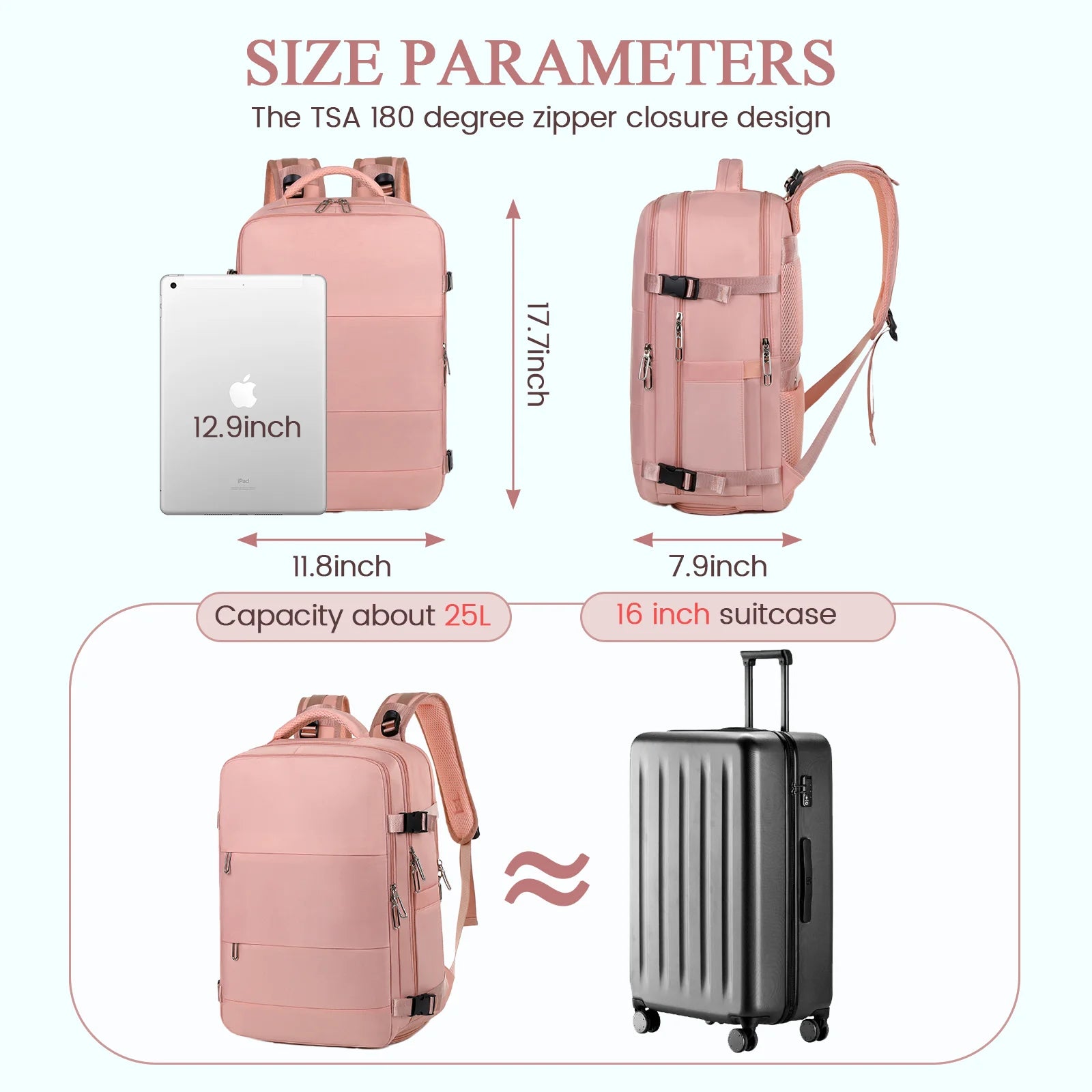 Travel Backpack for Women with USB Charging Port, Tsa-Approved Laptop Backpack, Lightweight Carry on Backpack Fit 15.6” Laptop for Weekend Trips, Business Travel & Hiking, Pink