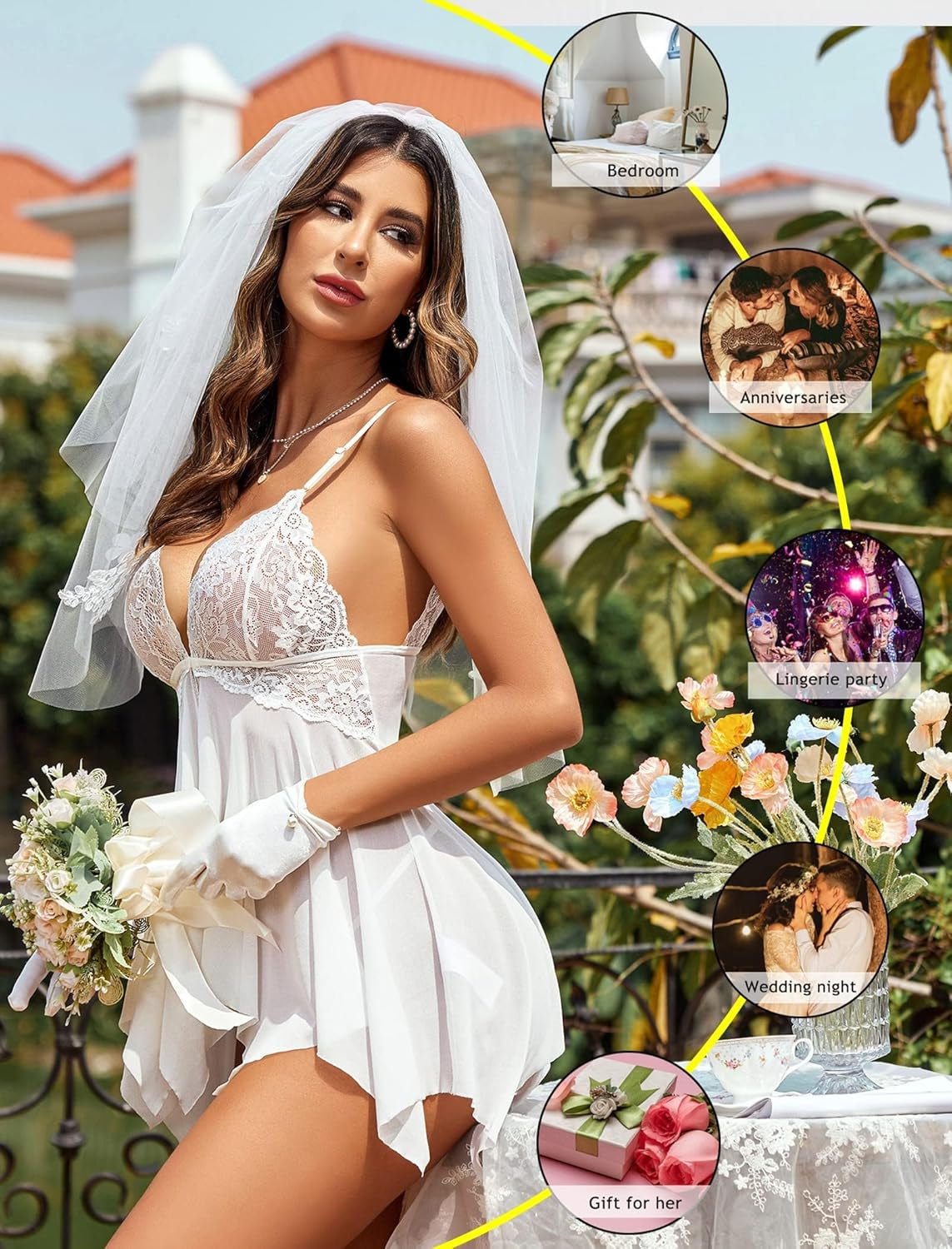 Women Lace Lingerie Front Closure Babydoll V Neck Nightwear Sexy Chemise Nightie