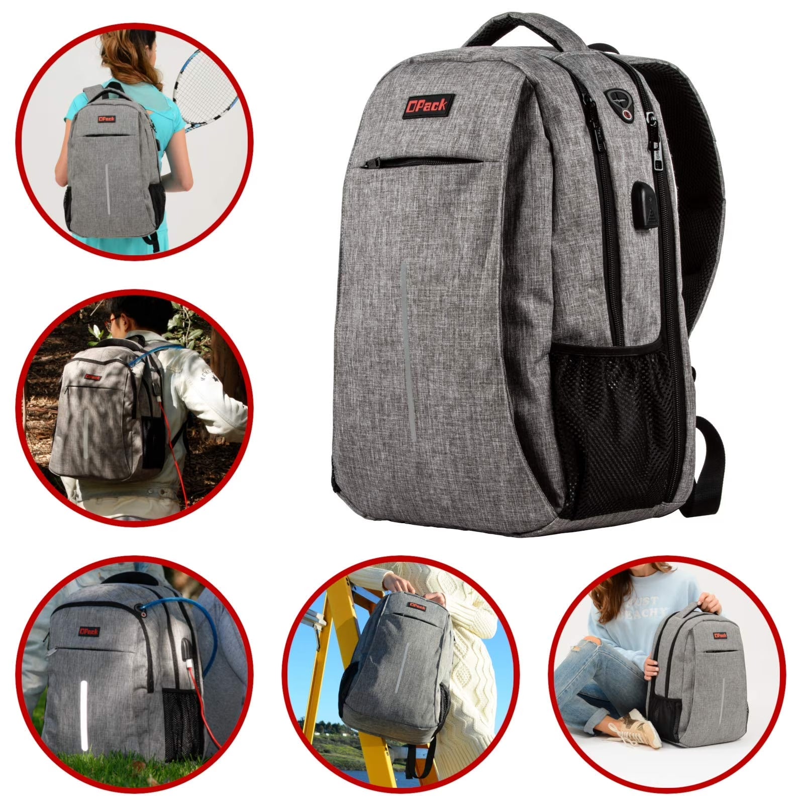 15" Grey Rfid-Safe Travel Laptop Backpack Tsa-Friendly Unisex with USB Charging Port
