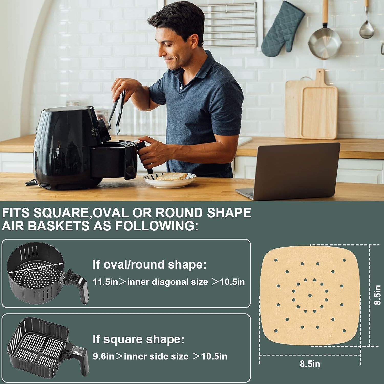 200Pcs Air Fryer Parchment Paper Disposable Liner 8.5Inch, Premium Perforated for Air Fryer, Streamer, Pans, No Burn, Easy Cleanup