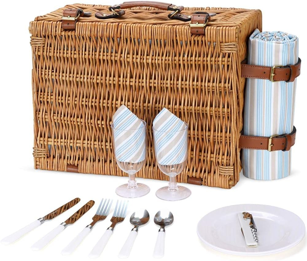 Picnic Basket Set for 2 Persons, Willow Hamper with Large Insulated Cooler Compartment, Waterproof Blanket and Cutlery Service Kit-Classical Brown