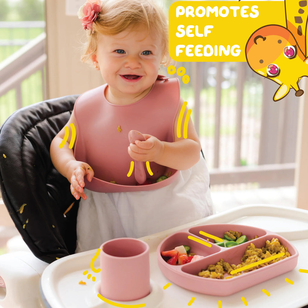 Turkish Pink Silicone Baby and Toddler Self-Eating Food Plates Set with Utensils (8 Piece Set)