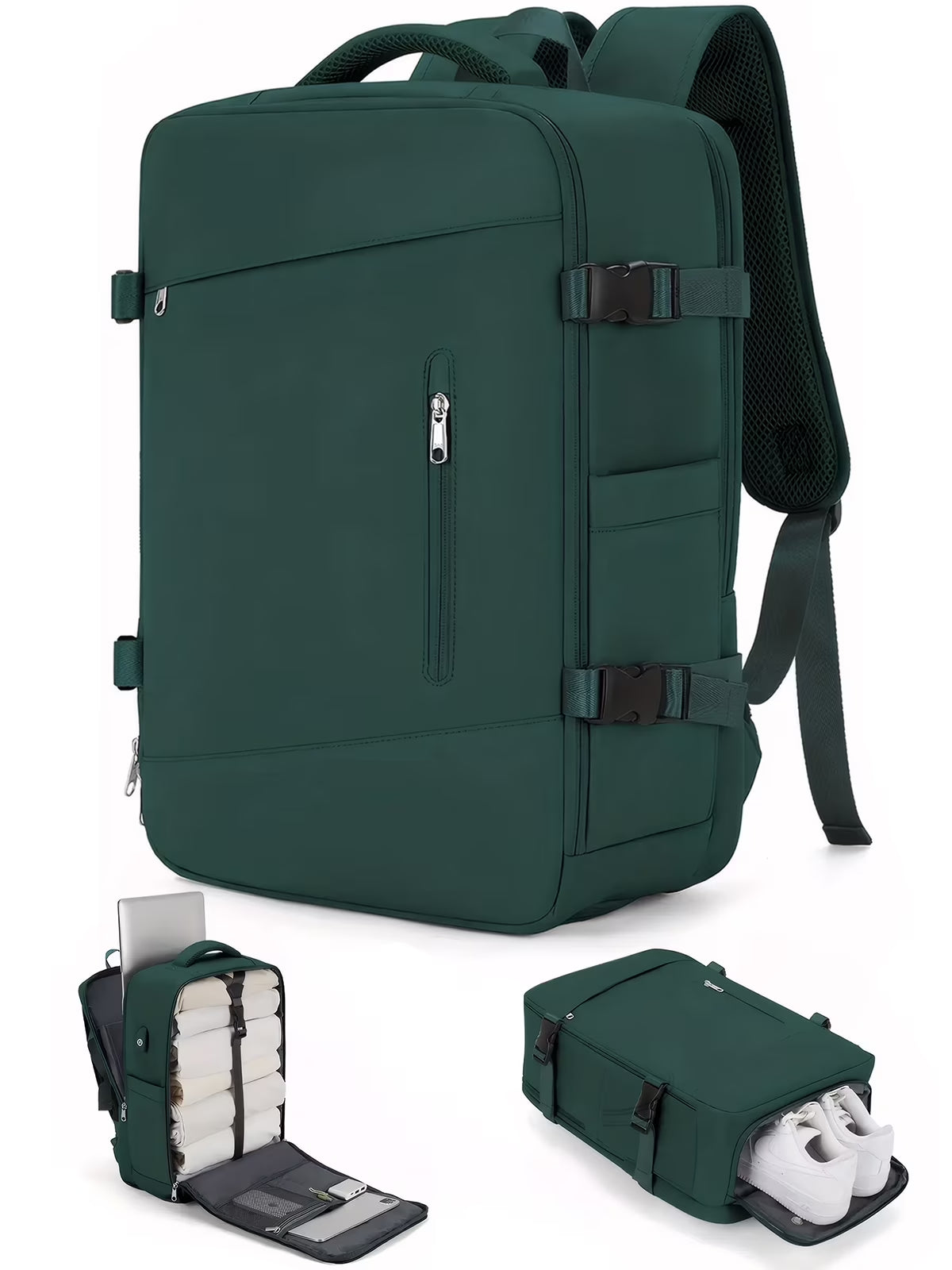 Large Travel Backpack for Adults Carry on Laptop Backpack Flight Approved Waterproof College Bag with USB Charging Port & Shoe Pouch Casual Daypack for Women Men for Weekender Business, Green