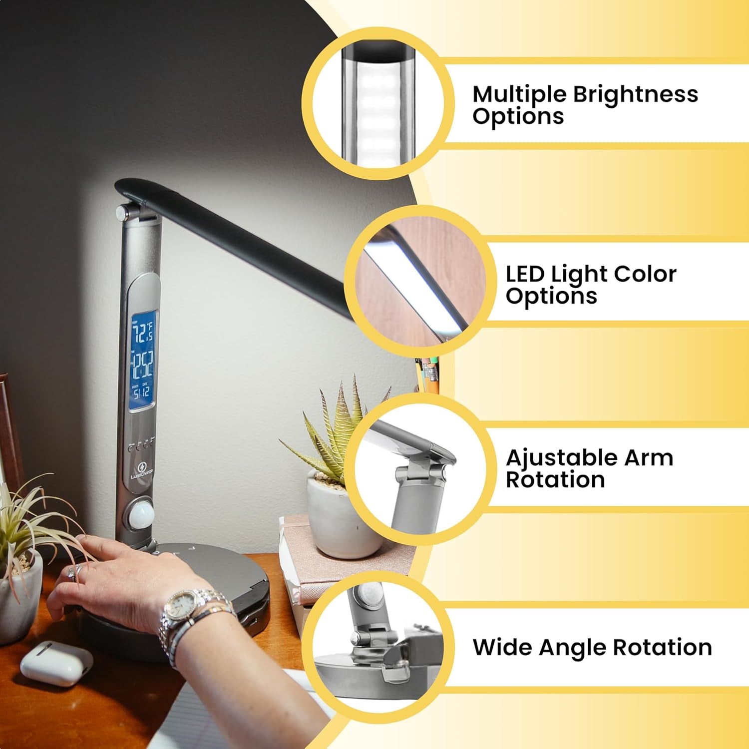 Lamp with Charging Station - Dimmable LED Desk Lamp with Qi 10W Fast Wireless Charger, Motion Sensor, Calendar Display, Alarm Clock, and USB Port, Compatible with Multiple Devices