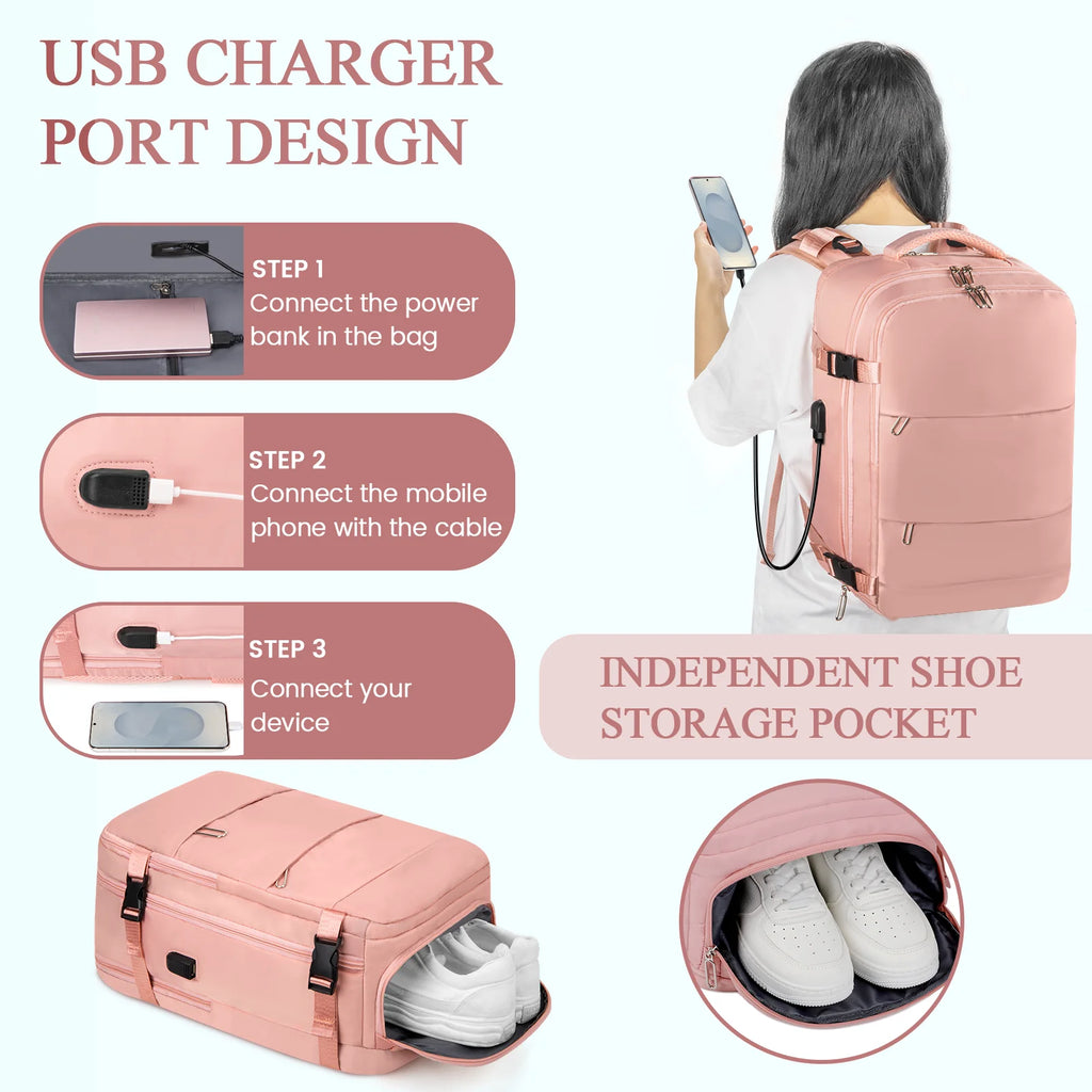 Travel Backpack for Women with USB Charging Port, Tsa-Approved Laptop Backpack, Lightweight Carry on Backpack Fit 15.6” Laptop for Weekend Trips, Business Travel & Hiking, Pink