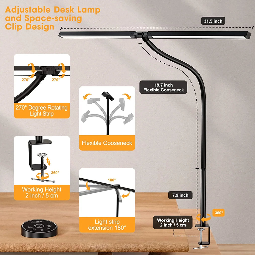 LED Desk Lamp for Home Office - 24W Architect Table Lamp with Clamp Adjustable Head Stepless Dimming Work Light