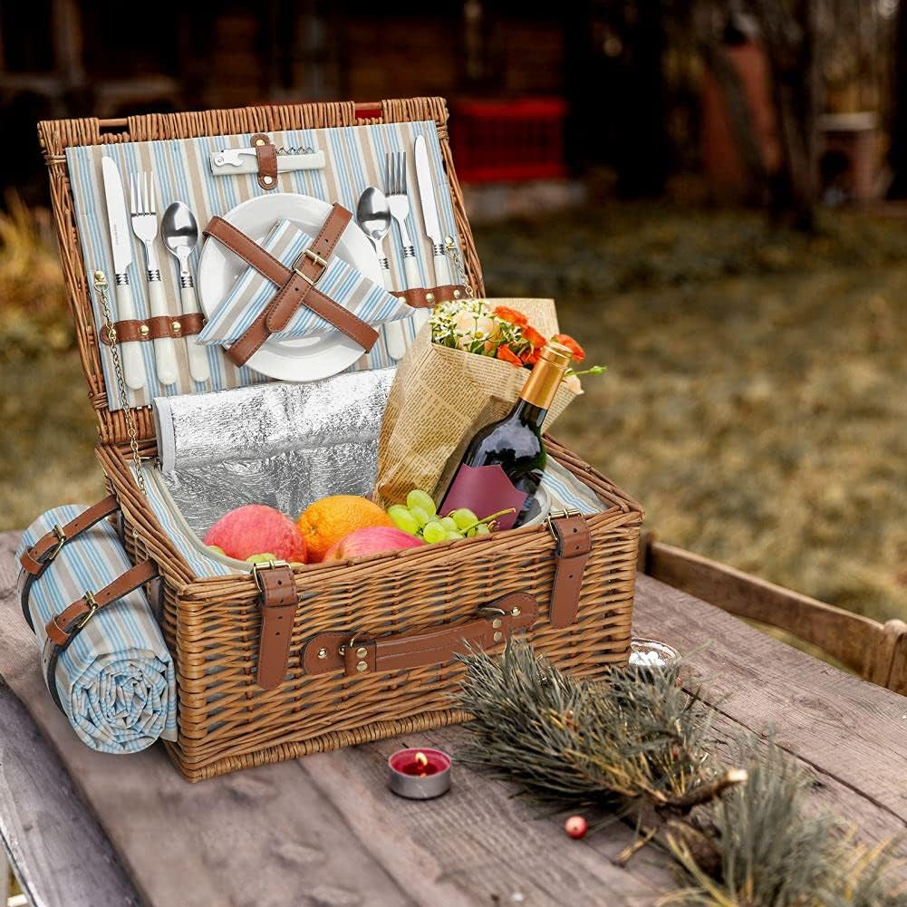 Picnic Basket Set for 2 Persons, Willow Hamper with Large Insulated Cooler Compartment, Waterproof Blanket and Cutlery Service Kit-Classical Brown