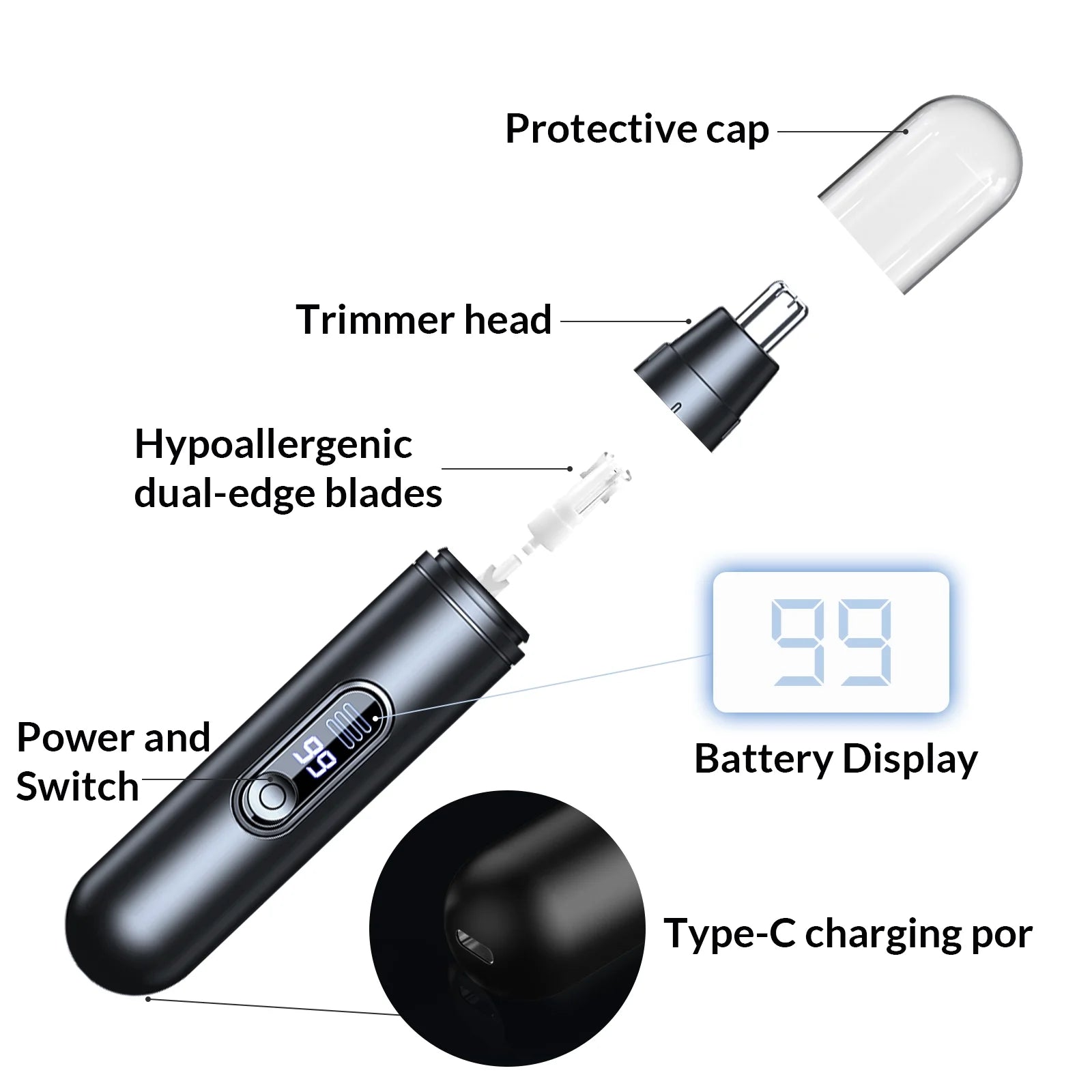 Ear & Nose Hair Trimmer for Men Women - Rechargeable Hair Trimmer with Dual Edge Blades, Professional Hair Removal Tool(Black)