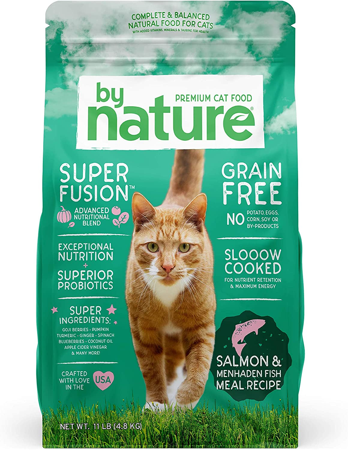 Pet Foods Grain Free Cat Food Made in USA [Grain Free Dry Cat Food with Superfood Ingredients for Food Sensitivities and Immune Health], Salmon and Menhaden Fish Meal Recipe, 11 Lb. Bag
