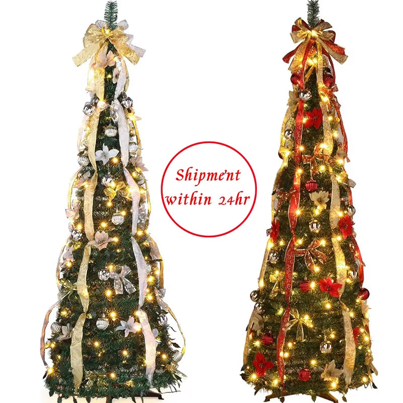Retractable Folding Christmas Tree (4ft-6ft) with Integrated Lights - Decorative Spiral Design