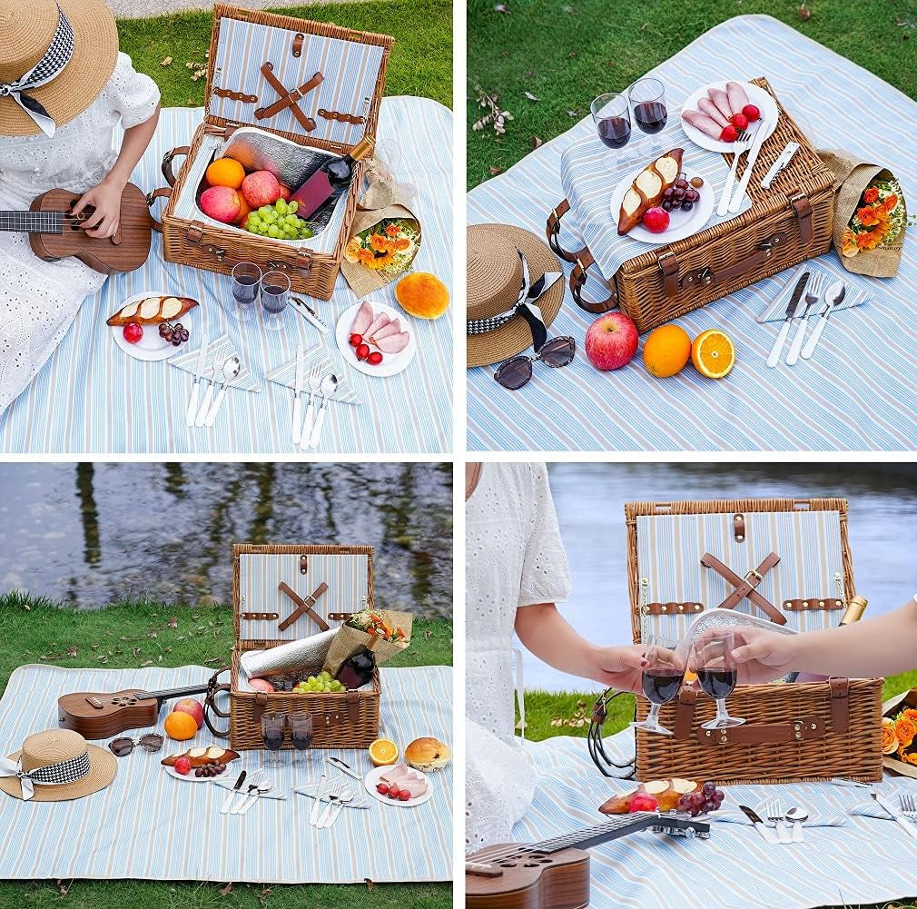 Picnic Basket Set for 2 Persons, Willow Hamper with Large Insulated Cooler Compartment, Waterproof Blanket and Cutlery Service Kit-Classical Brown