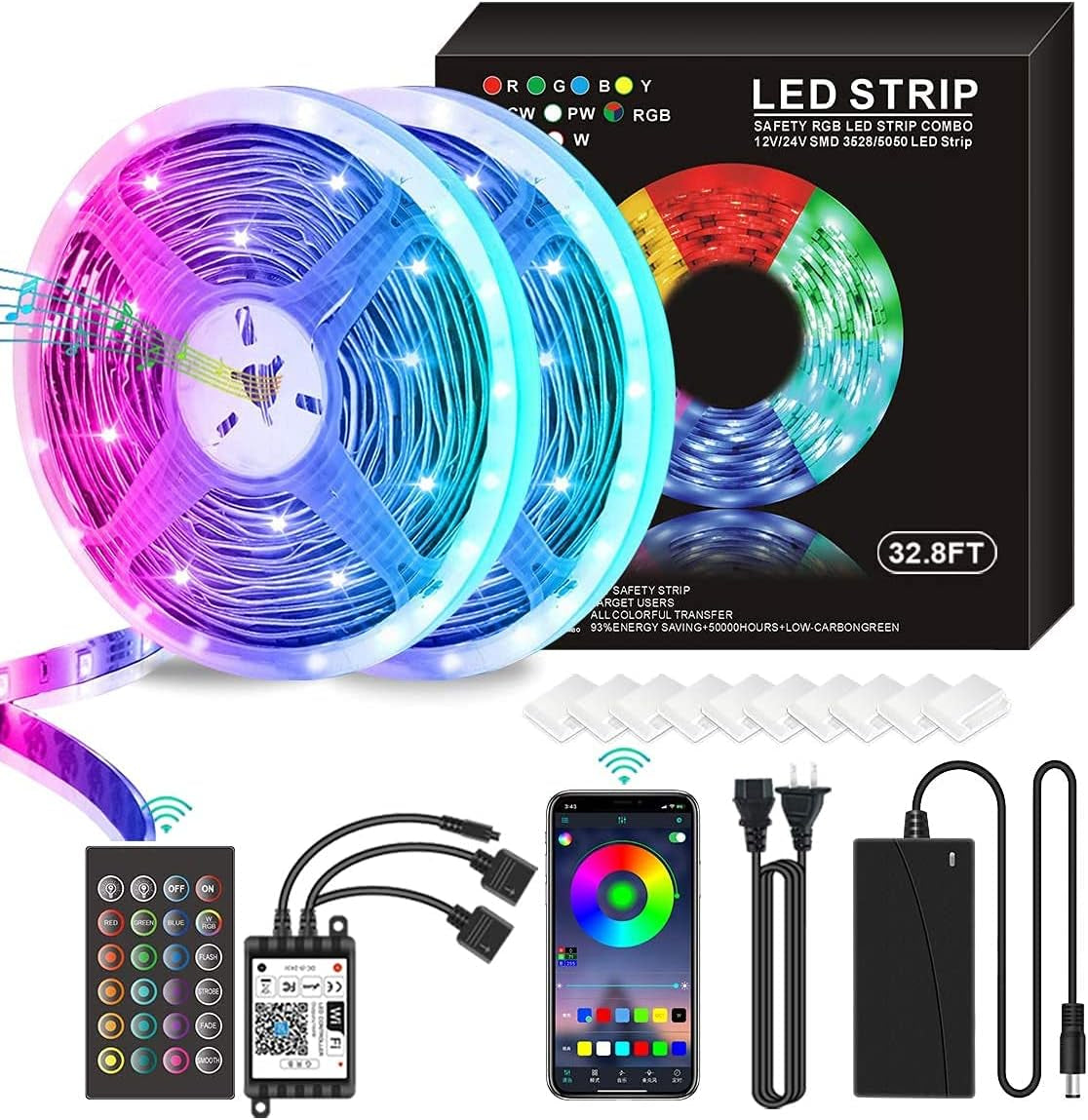 LED Strip Lights,50Ft15M 5050 RGB Music Sy Color Changing LED Strip Lights APP Bluetooth Control Remote,Led Lights for Room,Bedroom,Bar,Party and Home Decoration(2X24.6Ft), (Red, Green, Blue)