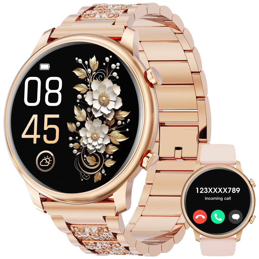 Smart Watch(Answer/Make Call), Smartwatch Fits for Android and Iphone, 1.39" HD Fitness Watch with 100 Sports Modes, Waterproof, Activity Smart Watches for Women, Two Straps, Gold
