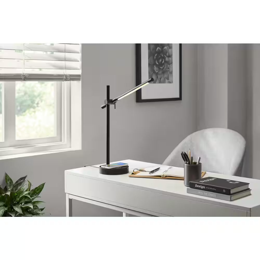 22 In. Indoor Black Integrated LED Table Lamp with Built-In Wireless Charging Pad
