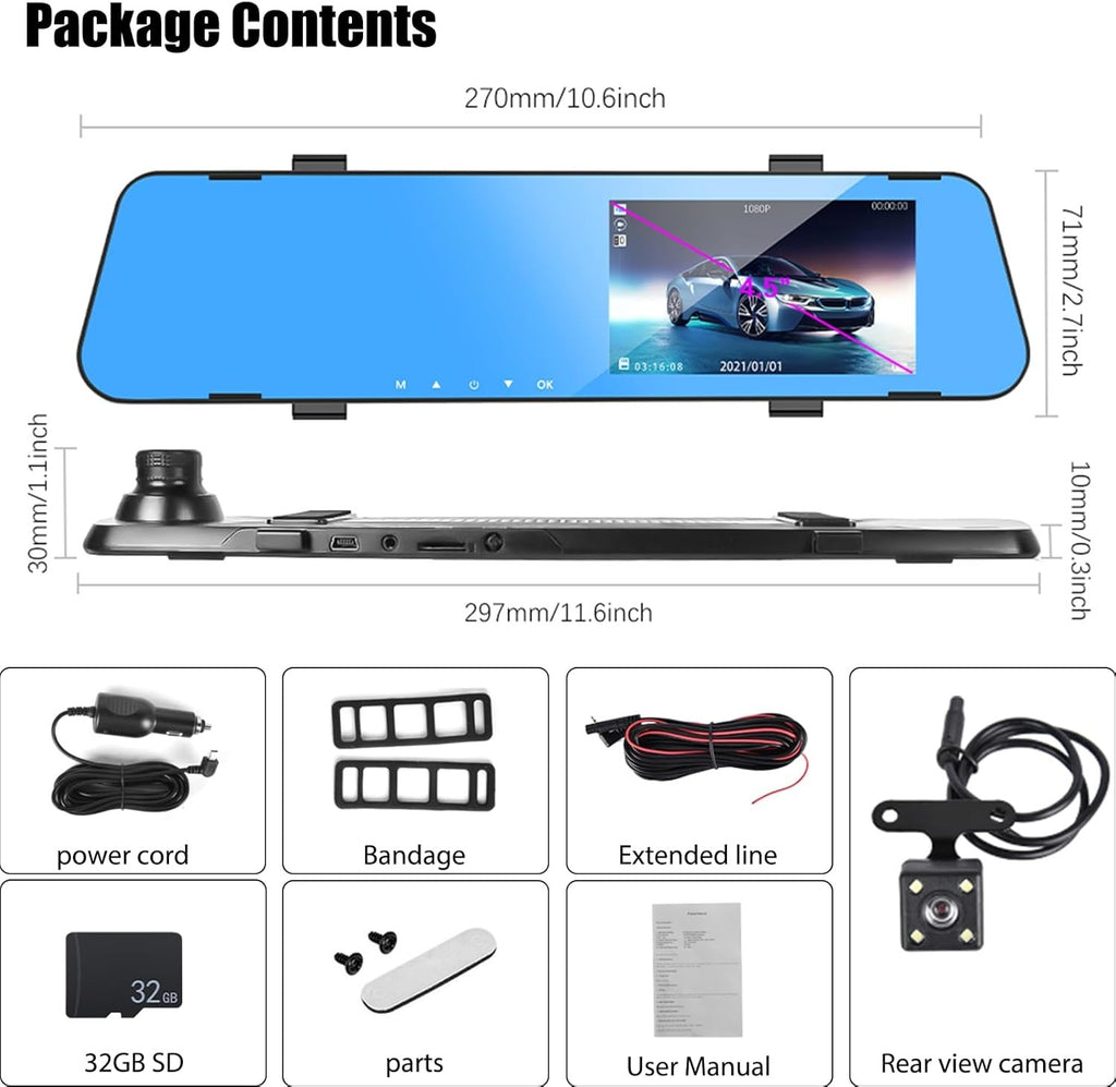 Espejo Retrovisor Con Camara Delantera & Trasera 3EN1 Coche Dash Cam Video DVR