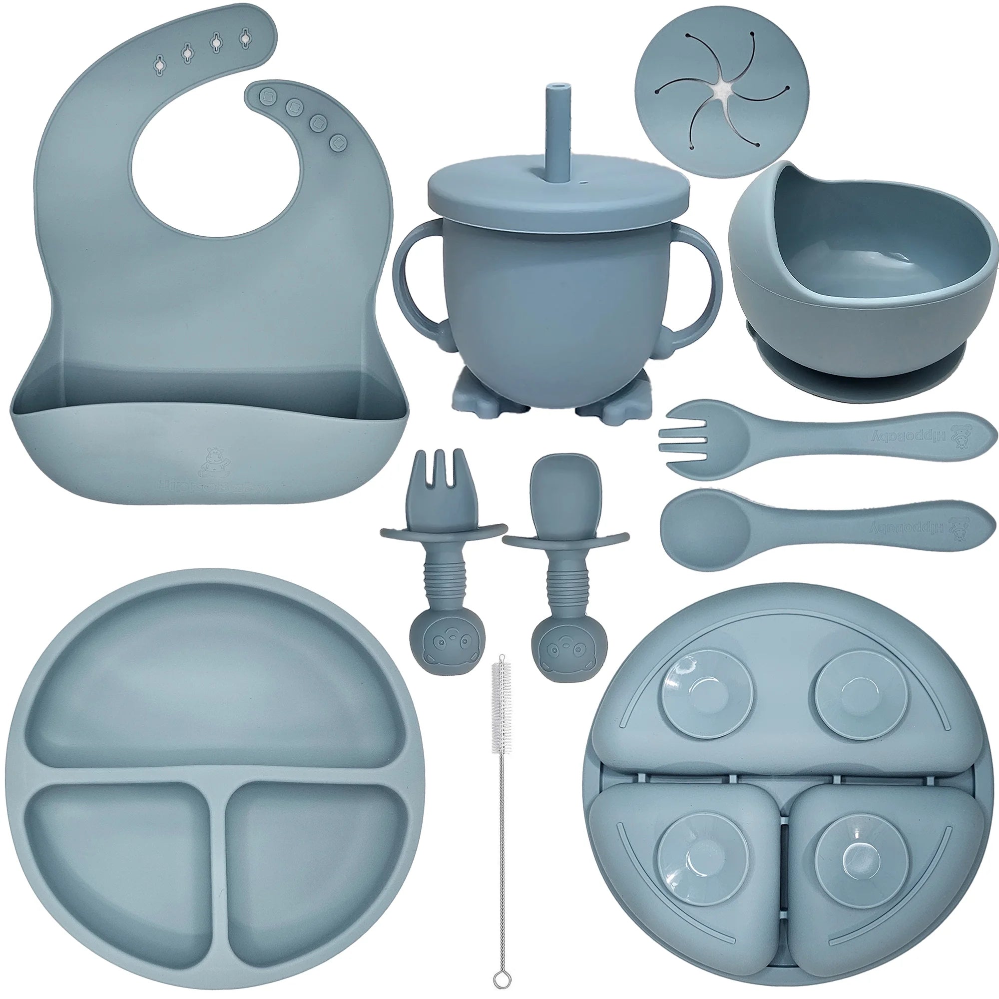 10 Piece Silicone Baby Feeding Set with Bib, Cup, Divided Plate, Bowl, and Self-Feeding Spoons (Sky)