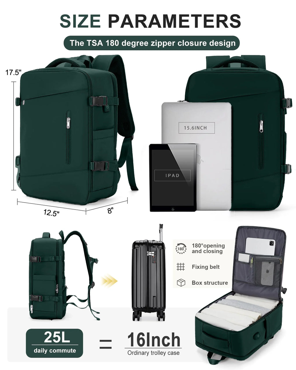 Large Travel Backpack for Adults Carry on Laptop Backpack Flight Approved Waterproof College Bag with USB Charging Port & Shoe Pouch Casual Daypack for Women Men for Weekender Business, Green