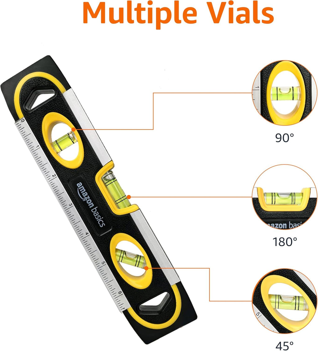 9-Inch Magnetic Torpedo Level and Ruler, 180/90/45 Degree Bubbles, Black