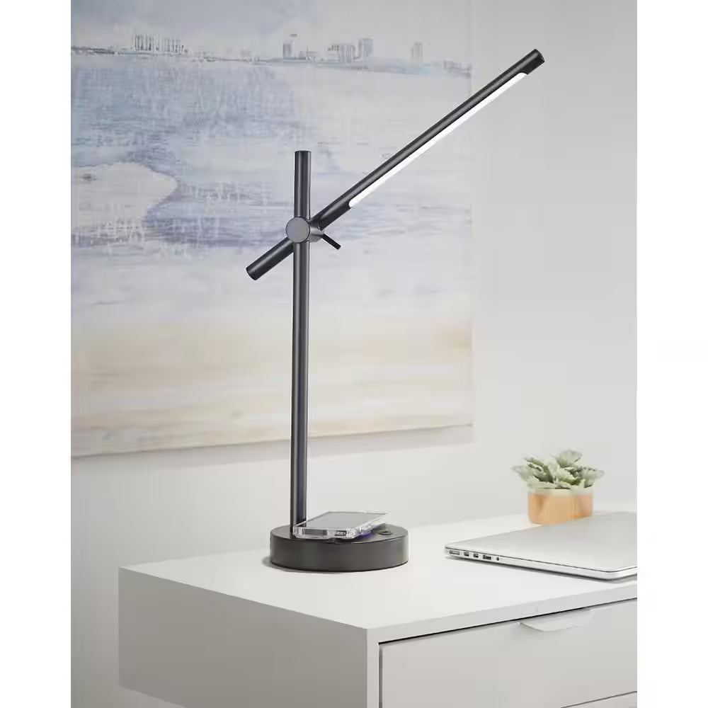 22 In. Indoor Black Integrated LED Table Lamp with Built-In Wireless Charging Pad