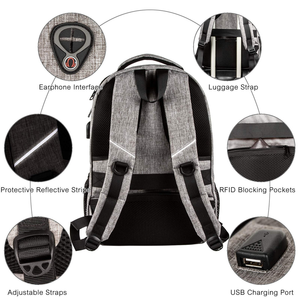 15" Grey Rfid-Safe Travel Laptop Backpack Tsa-Friendly Unisex with USB Charging Port