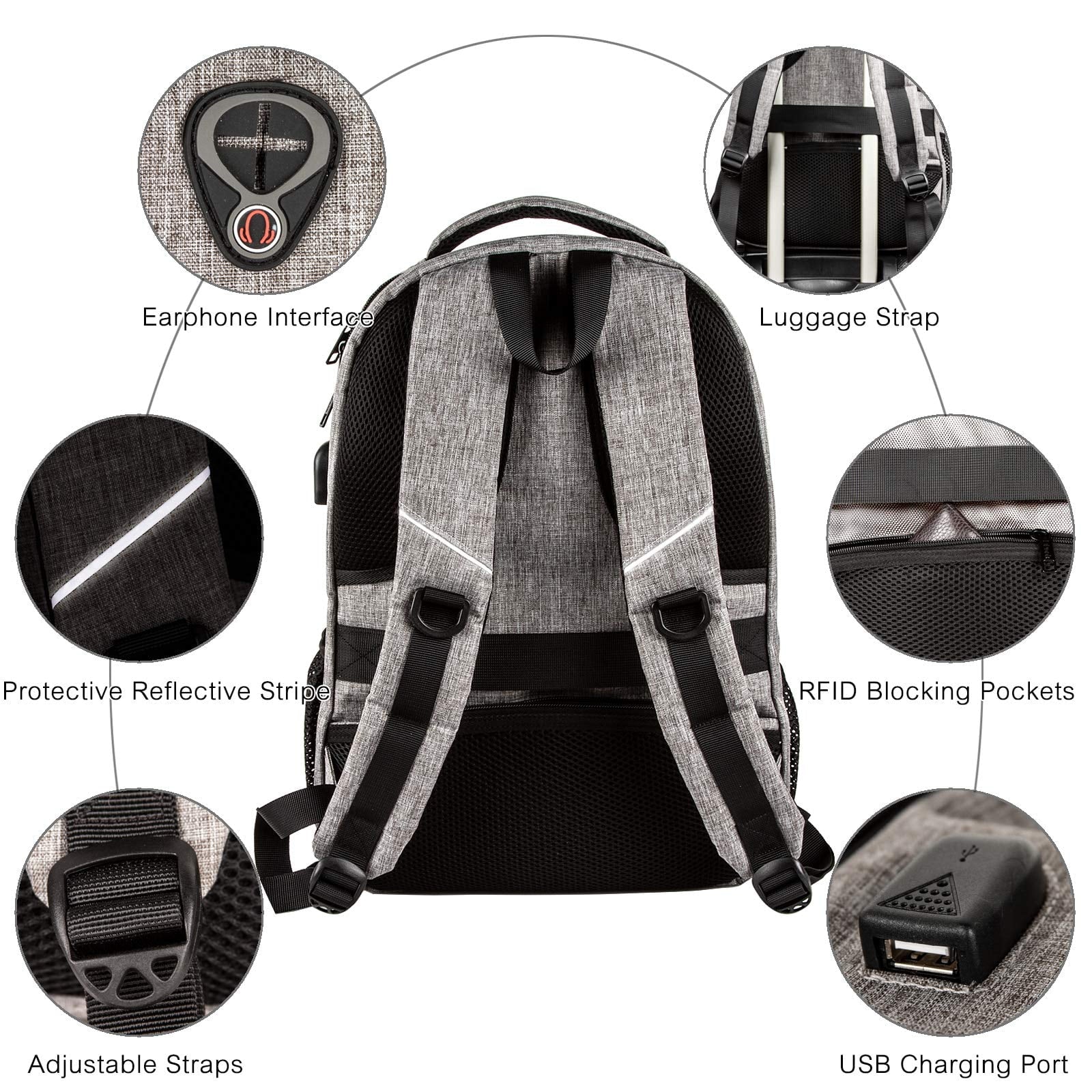 15" Grey Rfid-Safe Travel Laptop Backpack Tsa-Friendly Unisex with USB Charging Port
