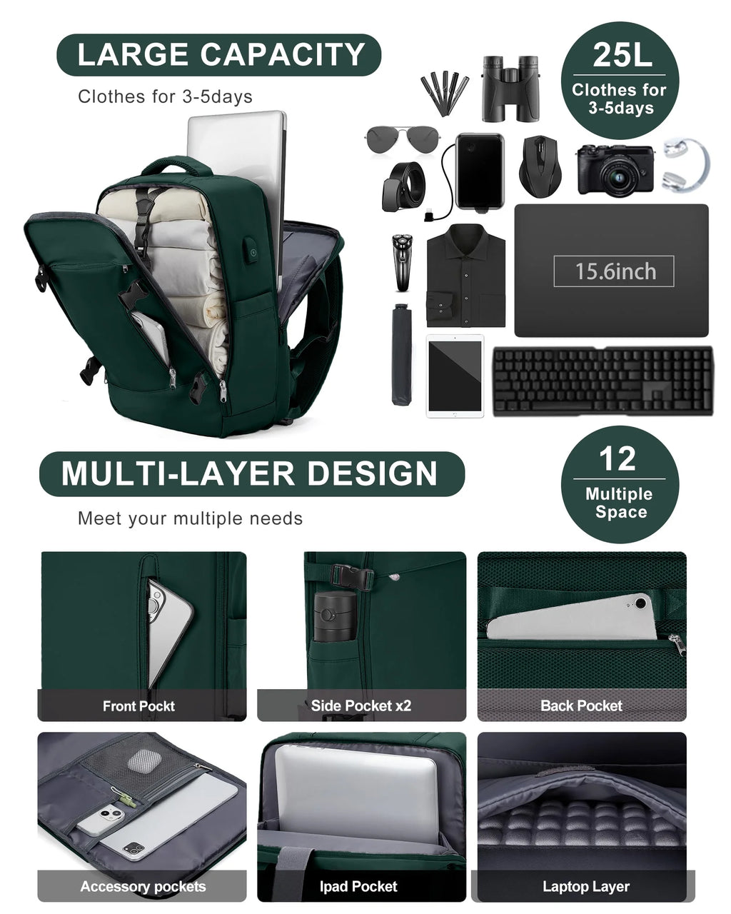 Large Travel Backpack for Adults Carry on Laptop Backpack Flight Approved Waterproof College Bag with USB Charging Port & Shoe Pouch Casual Daypack for Women Men for Weekender Business, Green