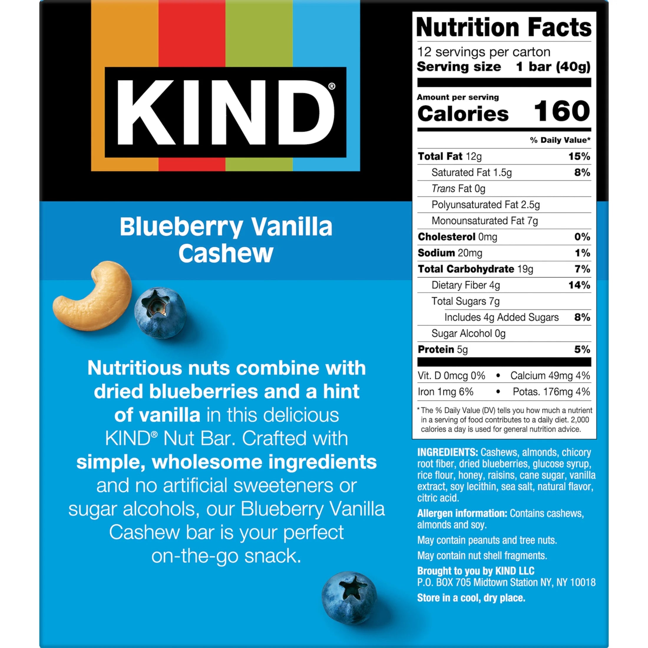 Gluten Free Blueberry Vanilla Cashew Snack Bars, 1.4 Oz, 12 Count Cardboard Box
