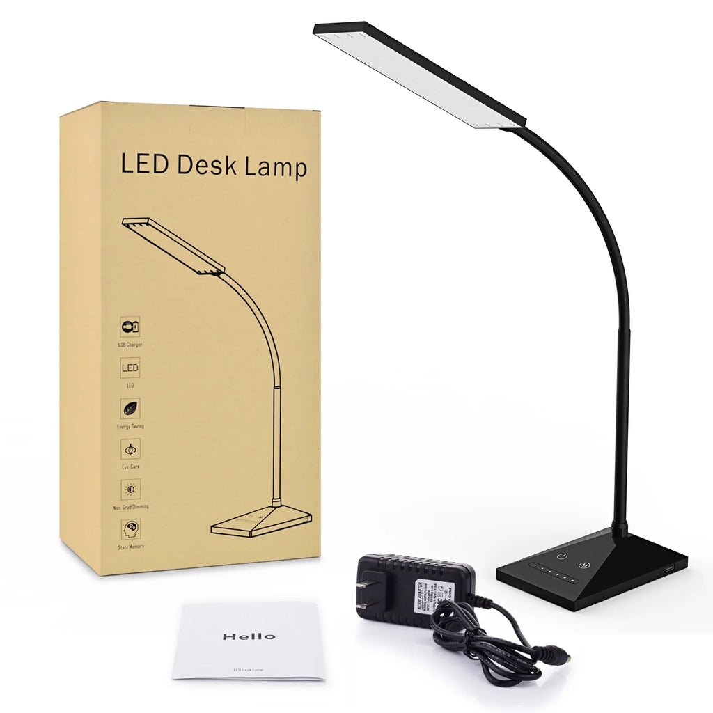 12W 72 Leds LED Desk Lamp USB Charging Port 5 Modes 7 Brightness Touch Control Eye Caring Table Reading Light Black