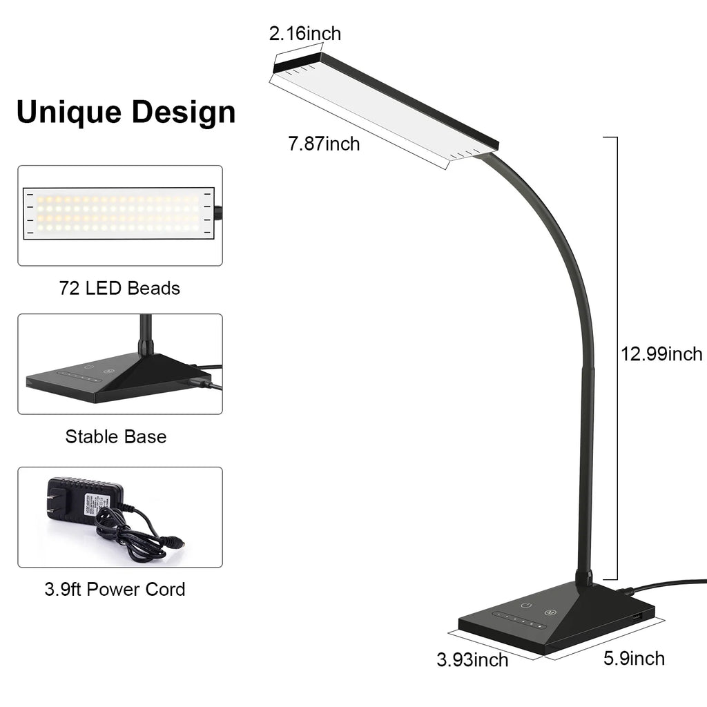 12W 72 Leds LED Desk Lamp USB Charging Port 5 Modes 7 Brightness Touch Control Eye Caring Table Reading Light Black