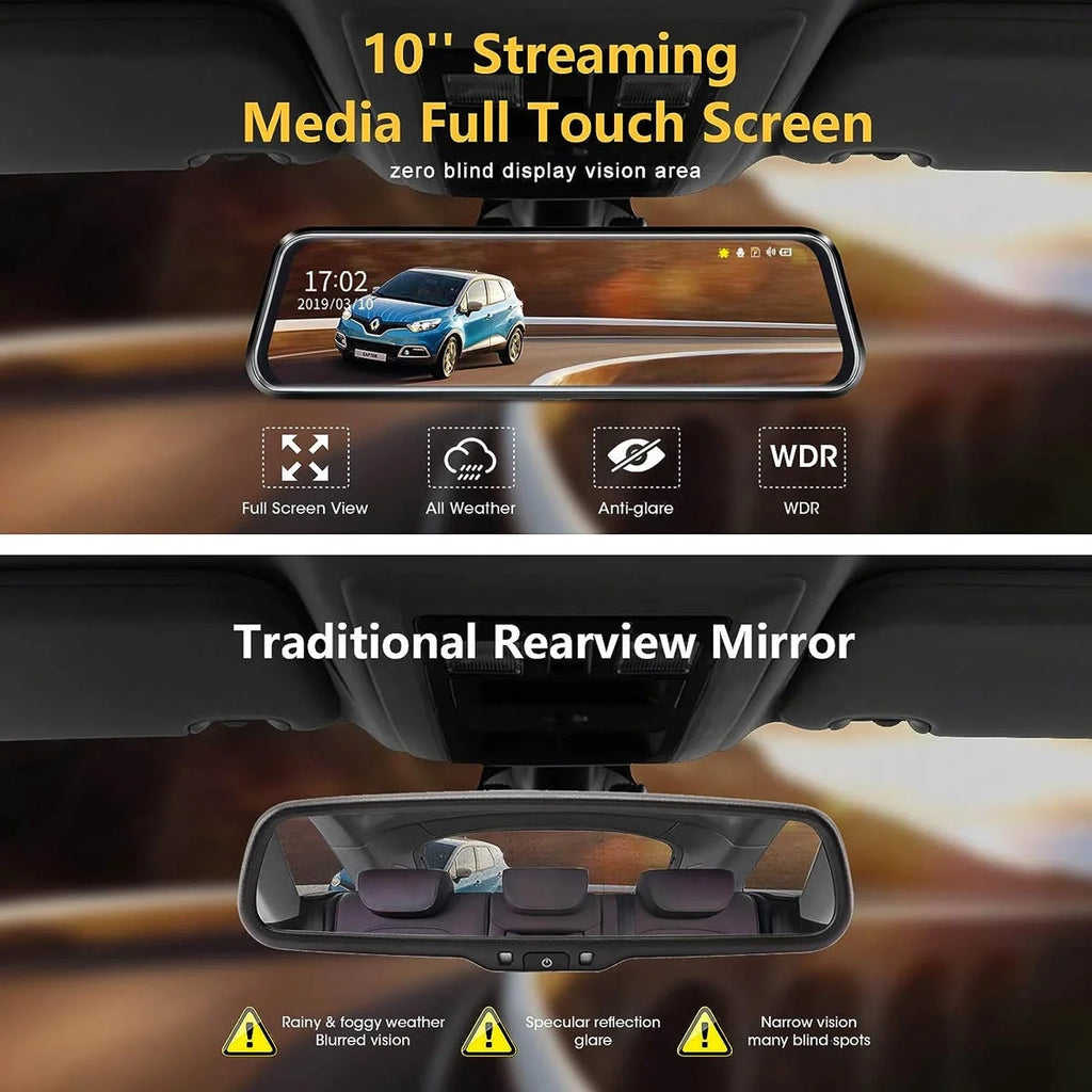 10" 1080P Mirror Dash Cam,Full Touch Screen Backup Camera Front and Rear View Parking Monitor with Super Night Vision, Motion Detection, G-Sensor